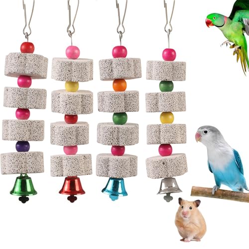 Nucalt 4 pièces Jouet à Mâcher pour Oiseaux avec Clochette,Pierre à Aiguiser Le Bec des Oiseaux,Jouet pour Perroquets,Pierre à Mâcher pour Perroquets,pour...