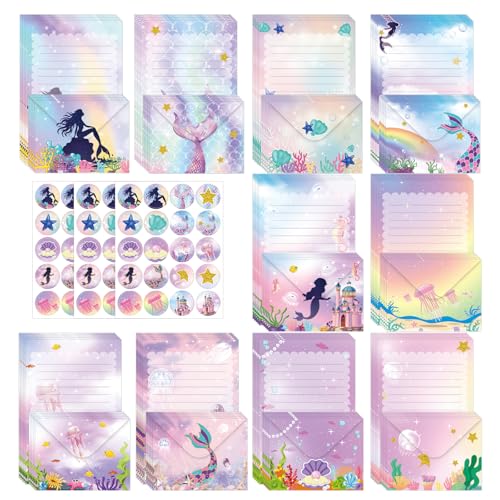 160 Stück Briefpapier mit Umschlag Kinder A5 Aquarell Meerjungfrau Briefpapier Liniert mit 50 Briefumschläge C6 & 60 Stickern Schönes Briefpapier Set für Briefe Einladungen und Geschenke