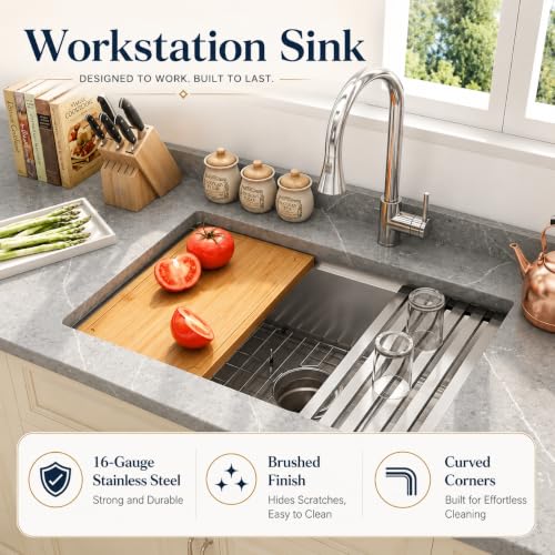 Image of LQS 23 Inch Undermount Kitchen Sink, 16 Gauge Stainless Steel Undermount Kitchen Sink, 10 inch Smart Workstation Ledge With Abundant Accessories, R10 Corner and X-Shaped Drain Line