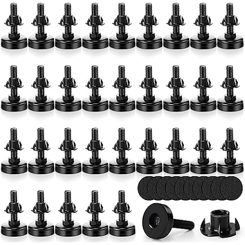 Pinkunn 32 Pieces Adjustable Leveling Feet with T- Nut Kit 3/8”-16 Thread Furniture Levelers Metal Adjustable Feet Heavy Duty Legs Height Adjuster for Table Chair Desk Cabinets Sofa, Black Cover