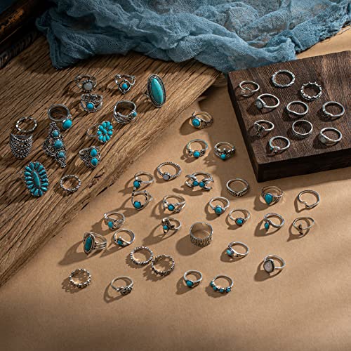 Vintage Silver Knuckle Rings Set for Women Western Turquoise Rings Bohemian Midi Ring Bulk, Chunky Rings,Retro Stone Crystal Stackable Joint Finger Ring Pack4