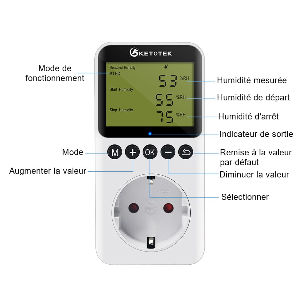 KETOTEK Prise Hygrostat Numérique avec Sonde, Contrôleur Humidité 220V pour Terrarium Reptile Couveuse Incubateur