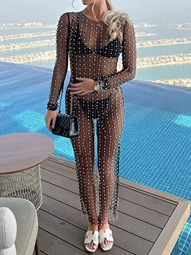 Chloefairy Women's Rhinestone Mesh Dress Pearl Cover Up Dress Sexy Sheer Coverups for Swimwear Bikini Bathing Suit Beachwear2