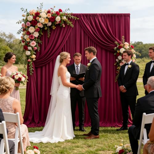 Image of 10ft x 10ft Burgundy Backdrop Curtains for Parties, Polyester Fabric Backdrop Drapes with Rod Pockets for Weddings, Birthday, Halloween, Photography, Christmas Party Background Curtain, 2 Panels