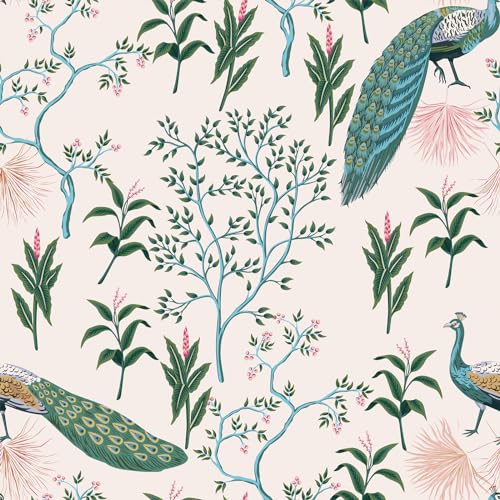 CRE8TIVE Papel pintado de pavo real beige, autoadhesivo, papel tapiz de chinoiserie extraíble, papel de pared de hojas de árbol, papel de pared de pavo real azul para muebles, papel de contacto para