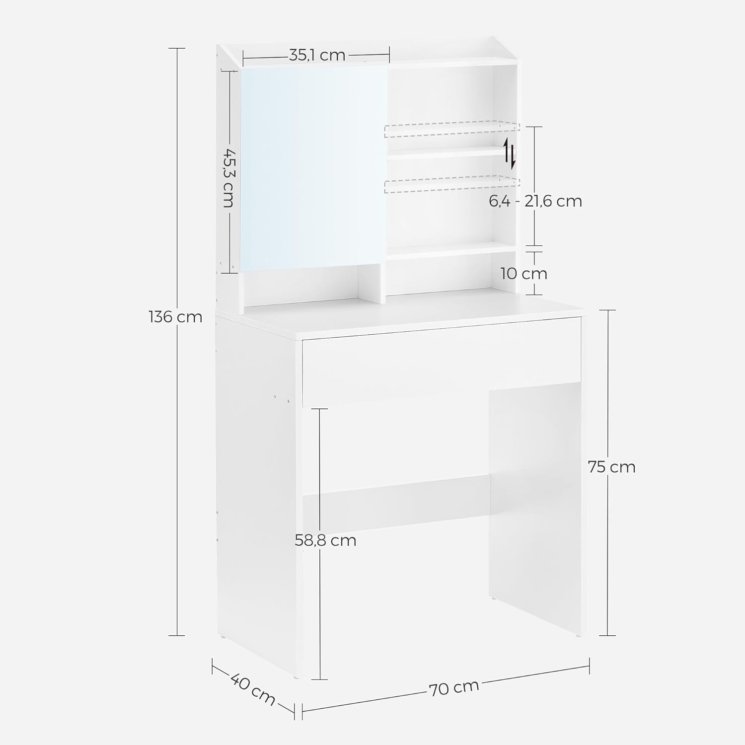 VASAGLE Kailyn Kollektion - Schminktisch, Frisiertisch mit Spiegel und Einer Schublade, Kosmetiktisch, verstellbare Ablagen, modern, 40 x 70 x 135 cm, wolkenweiß RDT118W01