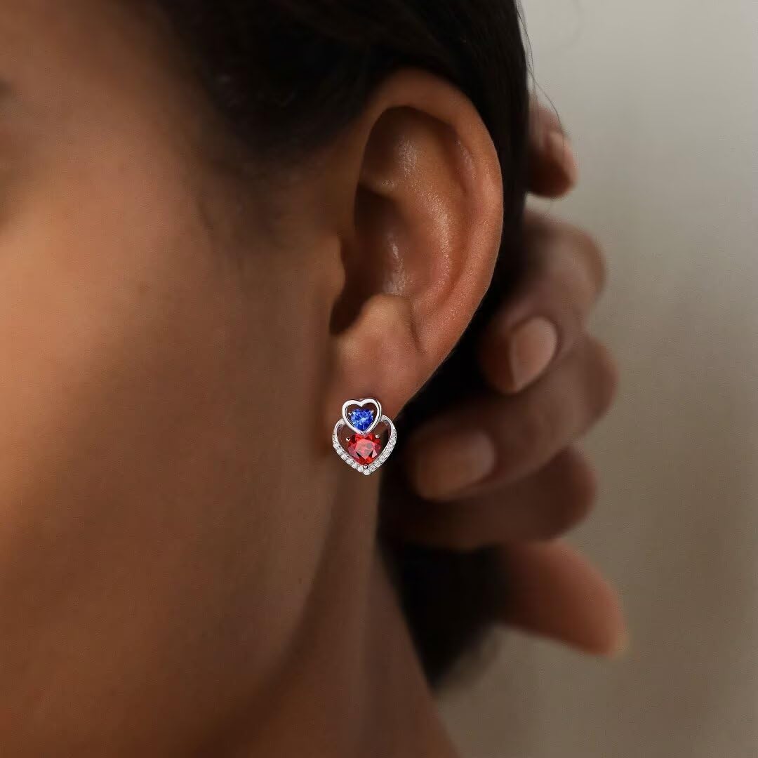Iefil 925 Sterling Silver Double Birthstone Earrings, Heart Birthstone Stud Earrings for Women, Anniversary Birthday Gifts for Women Christmas Valentines Gifts for Her Wife Girlfriend Mom - Image 5