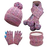 Wusboo Kinder Wintermütze Schal Handschuhe Set, Kinder Winter Bommel Strickmütze mit gefüttertem Halswärmer, Schal und Handschuhe 4-teiliges Set, elastische bequeme Mütze Mädchen Winter für 3–8 Jahre