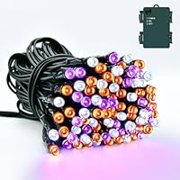 Dalugo Halloween Decoration Lights, 5M 50 LED Orange Purple White Fairy Lights with Timer, IP65 Waterproof Battery Powered Lights for Indoor Outdoor Autumn Halloween Decorations(Green Wire)