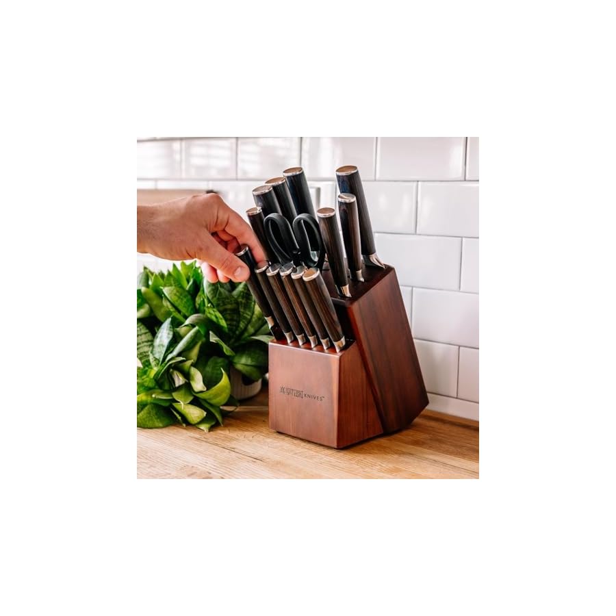 Yatoshi 15 Piece Knife Block Set - Pro Kitchen Knife Set Ultra Sharp High Carbon Stainless Steel with Ergonomic Handle