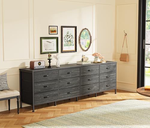 Huuger 70 Inch Dresser for Bedroom, TV Stand for 65, 75, 80 Inch TV,12 Fabric Drawer Long Dresser, Large Storage Organizer Unit, Chest of Drawer for Bedroom, Charcoal Black Wood Grain Print