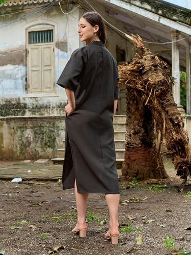Image of PURVAJA Women's Maxi Solid Linen Dress