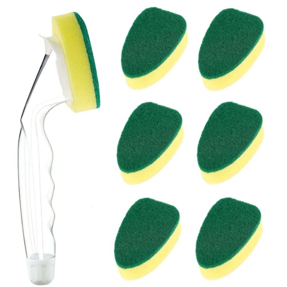 Heavy Duty Dishwand with Refills, Dish Wand Replacement Sponge Heads, Soap Control Dispenser Leak-Free Scrub with Handle, Non-Scratch Advanced Scrubber Brush Pads for Cleaning Dishes Sink Washing Tool