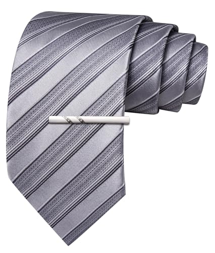 Image of Barry.Wang Silk Men Ties Formal Stripes Necktie and Tie Clip for Wedding Party Business Fashion Classic