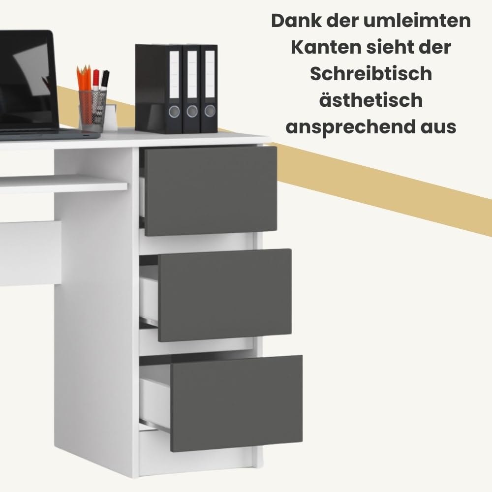 AKORD Schreibtisch A6 90 cm | 3 Schubladen Rechts | Schreibtisch | Bürotisch | Computertisch | Arbeitstisch | Laptoptisch | Bürmöbel | B90 x H77 x T50 cm | Gewicht 29,95 kg | Weiß/Graphitgrau