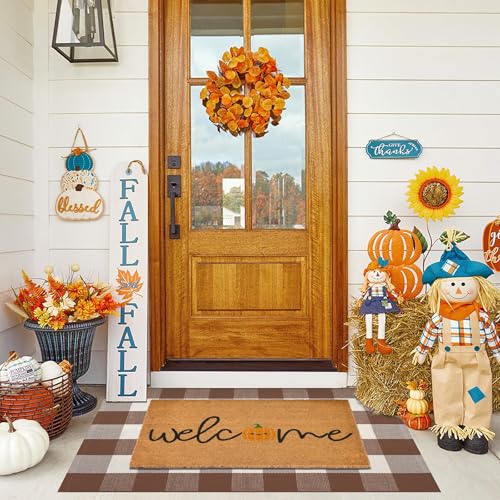 Fall Door Mat Combo Set, Welcome Coco Coir Welcome Doormat + 28" x 43" Mocha and White Plaid Rug - image 1