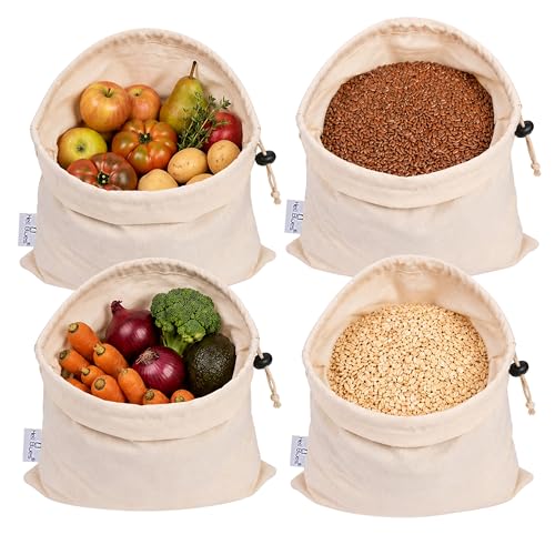Food Grade Bulk Storage Bags 100% Organic Cotton- 4 Pack, XL Size Drawstring Closure - 16x19 inch Reusable, Washable, Muslin Produce Flour Sack Cloth Grains Bags