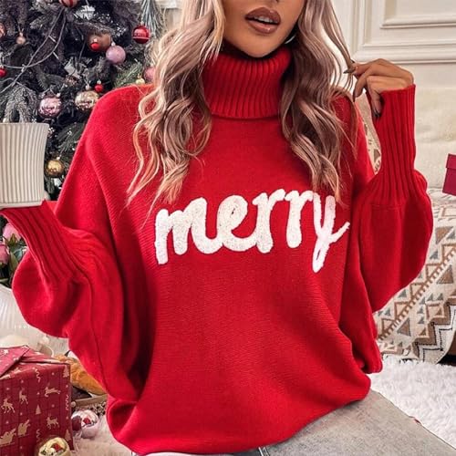 Muineobuka Women Merry Sweaters Turtleneck Long Sleeve Letter Print Loose Knitted Pullover Merry Christmas Sweater2
