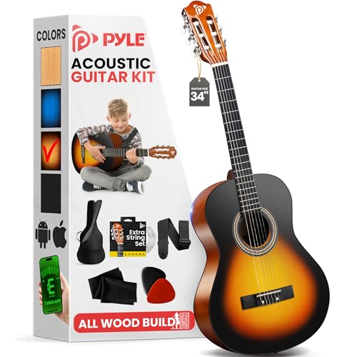Pyle - Kit de guitarra acústica para principiantes, 1/2 tamaño junior, instrumento de madera para...