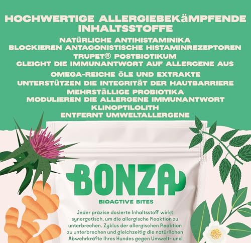 Bonza Bioactive Bites for Dogs – Allergy & Skin Support – Itchy Skin Relief Chew with Botanicals, Omega-3, Probiotics & Prebiotics – Natural Antihistamine, Soothes Skin & Supports Coat – 60 Soft Chews