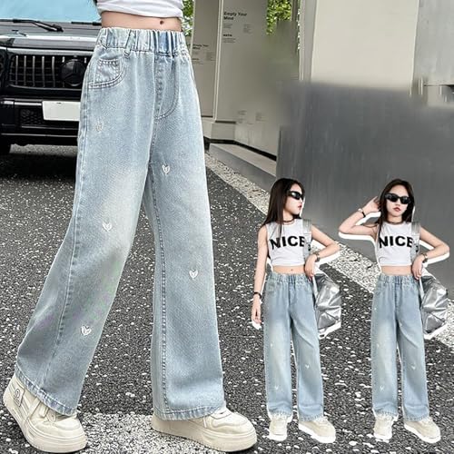 Kids Girls Heart Jeans Baggy Wide Leg Denim Pants Cute Elastic Straight Trousers Trendy Y2k Streetwear with Pockets3