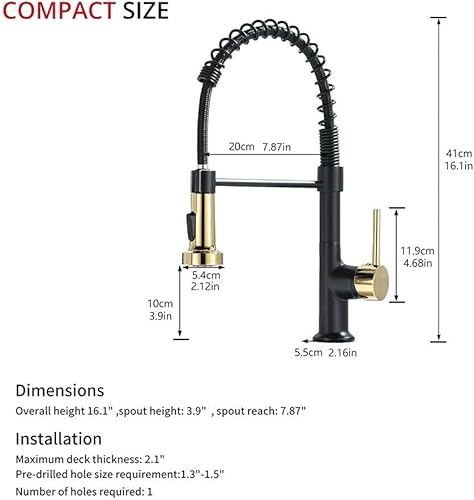 Miniatura 6 de GIMILI Grifo de fregadero de cocina con resorte con placa de cubierta, negro mate y dorado