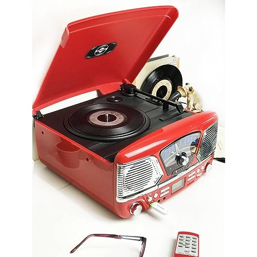 Steepletone Roxy 4 Tourne-disque style rétro années 60 Rouge - Les Beatles, Paul McCartney, John Lennon, RIngo Starr, George Harrison Steepletone Roxy 4 Tourne-disque style rétro années 60 Rouge