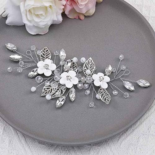 Vakkery Bride Flower Wedding Hair Vines Crystal Hair Piece Bridal Hair Accessories for Women and Girls (Silver)
