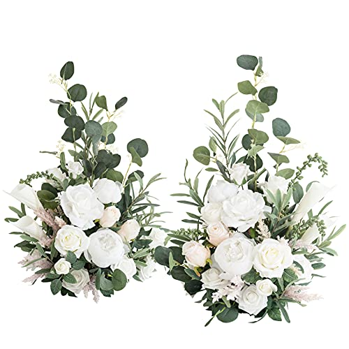 Ling's Moment Free Standing Artificial Flower Arrangement Wedding Aisle Chair Decorations Fake White & Green Sage Symmetrical Design 2 Pcs For Ceremony Reception Church Rose Floral Party Outdoor Decor