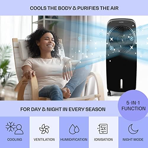Klarstein 110W Portable Air Cooler, 5-In-1 Ioniser, Evaporative Air Coolers for Home, Silent with Night Mode, Humidifier, Ventilator, Purifier, Small Water Cooler, Ice Fan, 396m³/h Air Flow, Black