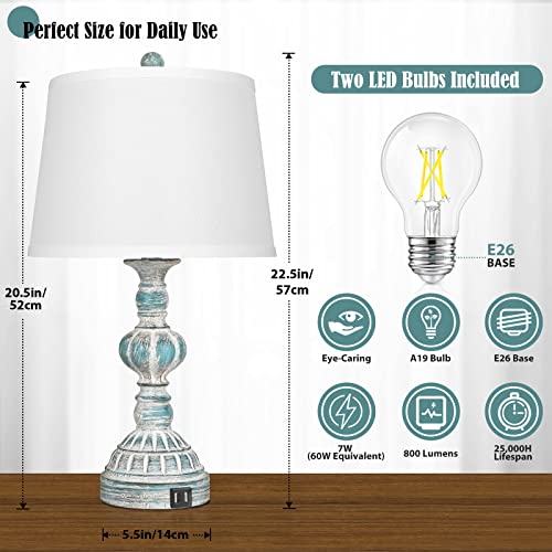 Farmhouse 3-Way Dimmable Touch Control Table Lamps With 2 Usb Ports, Set Of 2 Coastal Lamps For Bedroom Living Room In Washed Blue, Modern Rustic Nightstand Bedside Reading Lamps, Led Bulbs Included #TOP5