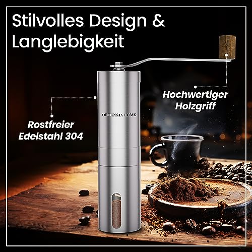 ortensia home | Kaffeemühle manuell mit verstellbarem Keramik-Kegel-Mahlwerk aus 304 rostfreien Edelstahl | In & Outdoor | M 
