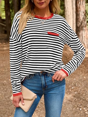 Image of LILLUSORY Womens Striped Soft Knit Pullover Sweater Loose Fit Shirts with Chest Pocket