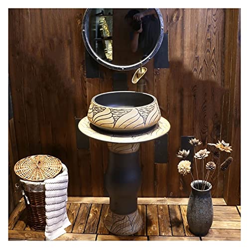 Vanity Unit with Basin,Bathroom Basin Sink with Full Pedestal, Pedestal Sink Handcrafted Ceramic wash Basin Pedestal washbasin, Kaolin Clay Pedestal Sink Round Freestanding Sink fo
