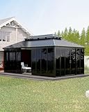 12x20 ft Hardtop Gazebo Sunroom, All-Season Outdoor Room with Aluminum Frame, Enclosed Patio Solarium with Polycarbonate Sliding Doors & Double Roof for Backyard, Deck, and Hot Tub Enclosure