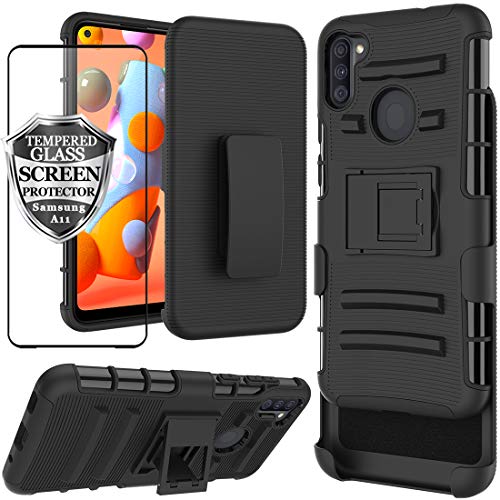 Ailiber Galaxy A11 Case with Belt Clip Holster, Samsung Galaxy A11 Screen Protector, Kickstand Holder, Heavy Duty Rugged Full Body Armor Shell Protective Pouch Cover for Samsung A11 - Black
