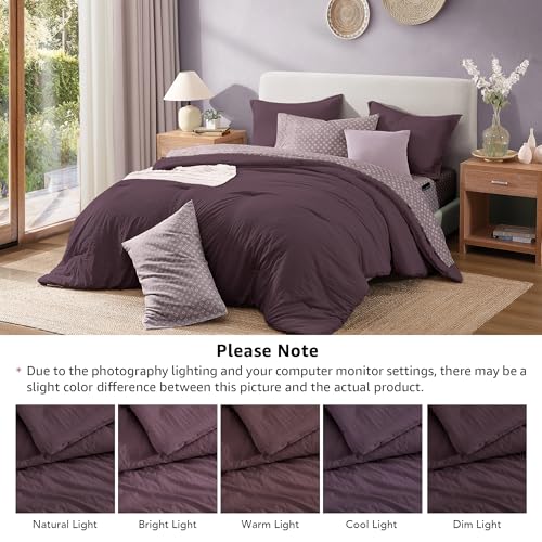 Image of Monbix Full Size Comforter Sets-7 Pieces Soft Bed in a Bag Full Bedding Set | All Season Plum Prewashed Comforter Bed Set with Striped Sheets, Pillowcases & Shams