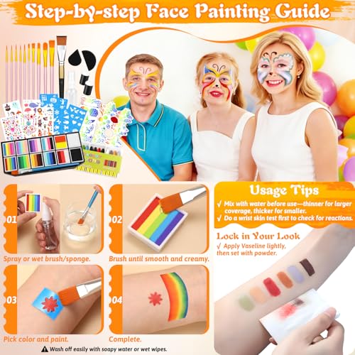 Face Painting Kit Professional for Kids Adults,12 x 10g Split Cake Face Paint Palette Water Activated Face Paint with Stencil Brush Sponge, Rainbow Facepaint Makeup Kit for Halloween Party Body Paint by Jollidecor - Used condition - Image 2