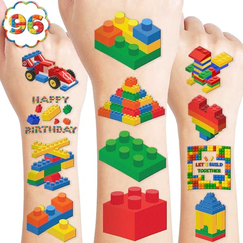 96 PCS Building Blocks Block Pre-Cut Temporary Tattoos for Kids | Super Cute Themed Birthday Party Favors, Supplies, Decorations, Fake Tattoo Stickers (Multiple)
