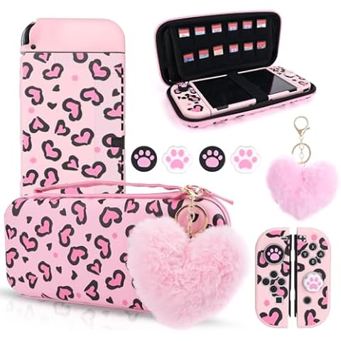DLseego Pink Love Leopard Carrying Case for Switch OLED, Cute Silicone Protective Soft Cover with 4PCS Thumb Grip Caps and Pink Plush Heart Pendant Hard Storage Case Accessories Kit Bundle for Girls Cover