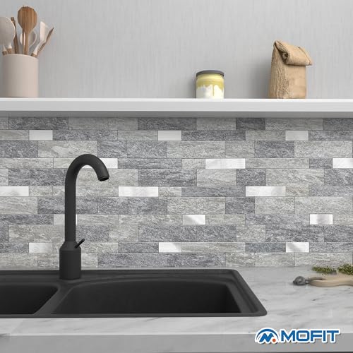 M MOFIT 3d Selbstklebende Wandfliesen Küche,Matte Marmor Mosaikfliesen Selbstklebend Steinoptik Metro Fliesen Ziegel Wandaufkleber Bad Wasserdichte(10 Matten,Grau）