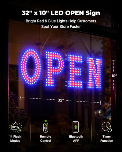 Image of 32 x 10 Inch LED Open Sign for Business - Timer via BT APP & Remote Control, Ultra Bright Open Sign with 14 Flash Modes, 6 Dimming Levels & 6 Speed Control for Salon Cafe Restaurant (Red & Blue)