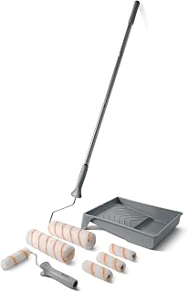 ROLLINGDOG 9-Inch Paint Roller Kit with 3ft Stainless Steel Extension Pole, Tray & 4 Mini Rollers - Lint-Free for Smooth Interior Walls