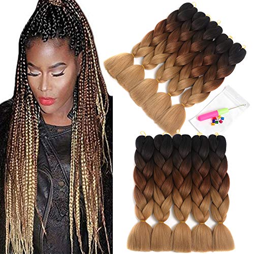 5 Pieces Ombre Synthetic Braiding Hair Extensions Kanekalon Hair Ombre Jumbo Braids Hair Crochet Braids Black/Dark/Light Brown Synthetic Hair Extensions 100G/Pc 24 Inch (Black/Dark Brown/Light Brown)