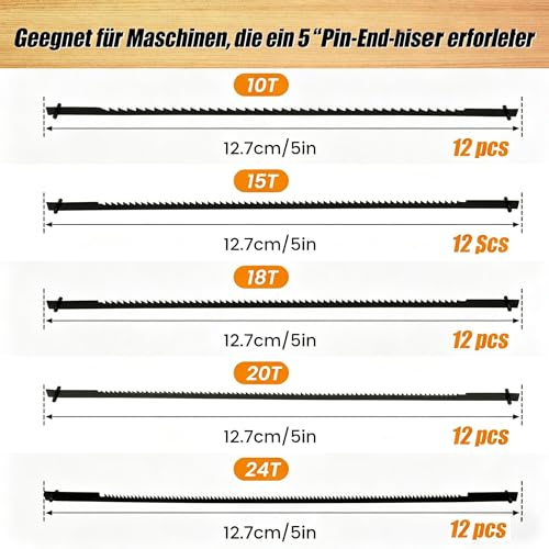 60 Stück Dekupiersägeblatt 127mm Laubsägeblätter mit Stift 10/15/18/20/24 Zähne Kohlenstoffstahl Dekupiersäge Sägeblätter für Kunststoff Holz Schaum (60)
