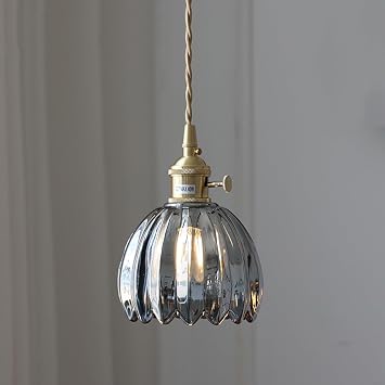 Tulips Glass Pendant Light Gold Flower Kitchen Island Pendant Lights Fixture with Rotary Switch, 1-Light Modern Nordic Brass Socket Long Hanging Ceiling Lamp Adjustable Cord Mini Chandelier