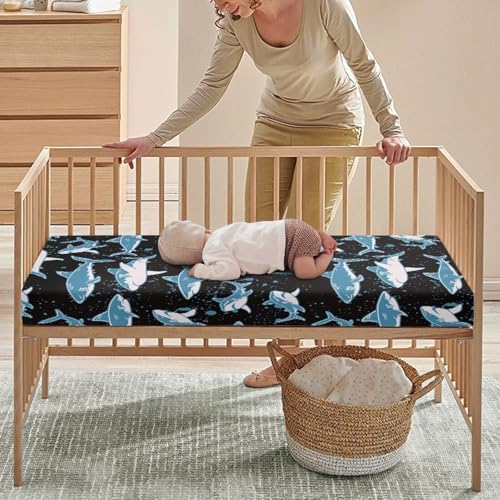 Image of Blue Sharks Fitted Crib Sheet Marine Sharks Baby Crib Sheet Fit Standard Crib and Toddler Mattress,Crib Mattress Sheets for Boys Girls 28 inchx52 inch