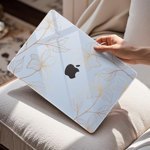 Image of Mektron Case for 2026 MacBook Air 13-inch M5 Laptop A3449 with 13.6-inch Liquid Retina Display, 2025 2024 2022 M4 /M3 /M2 MacBook Air 13 inch Hard Shell Cover, Model A3240 A3113 A2681, Gold Flower S718-Blue