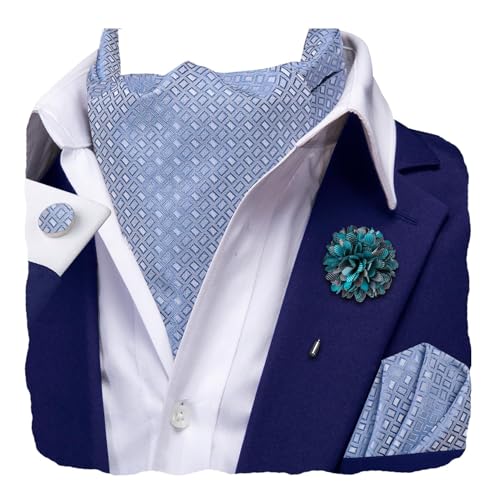 Image of Hi-Tie Silk Ascot for Men Self Tie Men's Cravat and Flower Lapel Pin Handkerchief Cufflinks Set for Wedding Party