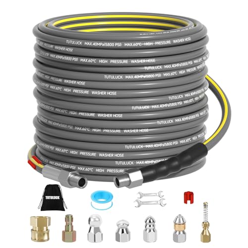 TUTULUCK Sewer Jetter Kit for Pressure Washer 150FT, Drain Cleaner Hose 5800PSI 1/4 Inch NPT Corner with Sewer Cleaning Tool High Pressure Nozzle and Spanner Waterproof Tape